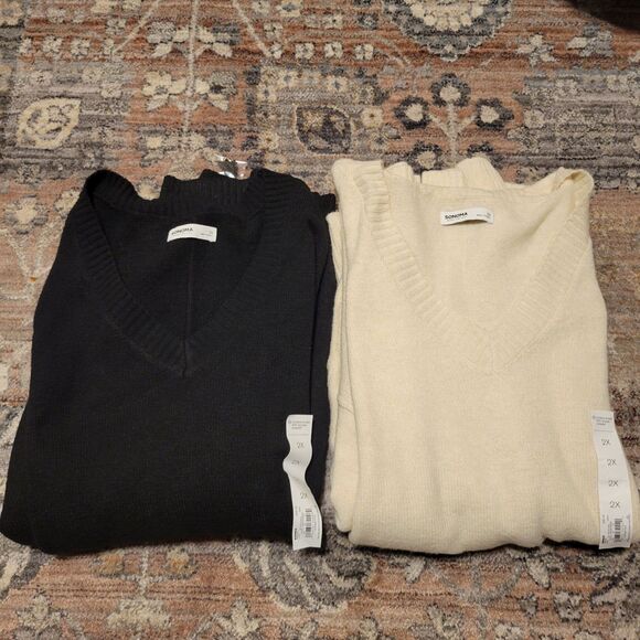 Lot of 2 NWT SONOMA Black & Cream V-Neck Cozy Long Sleeve Sweater SIZE 2X - Picture 2 of 16